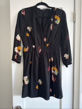 Madewell Black Floral Tie-Neck Long Sleeve Dress